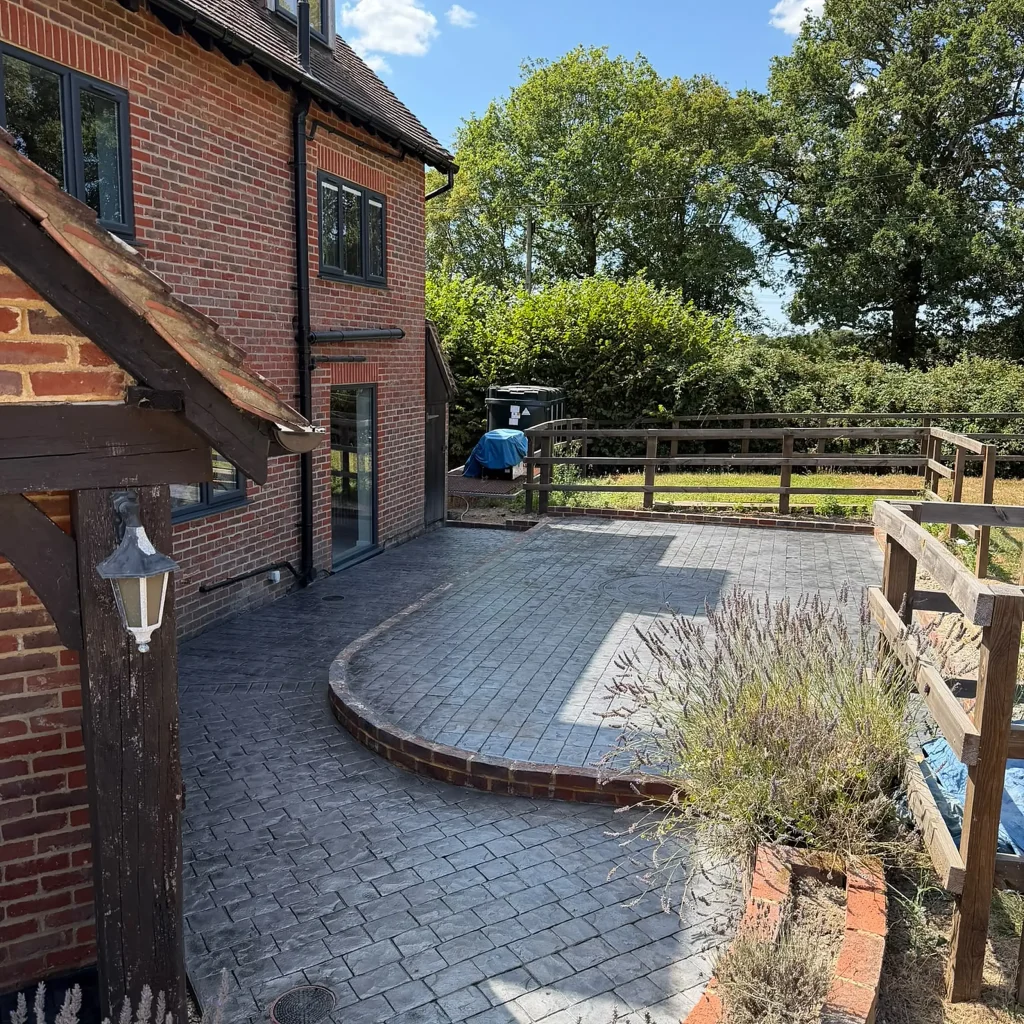 grey-stamped-concrete-patio-oak-porch-lavender