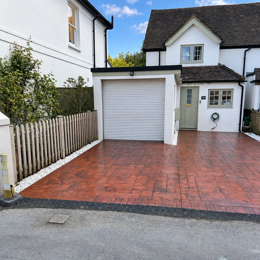 red-stamped-concrete-driveway-garage-picket-fence